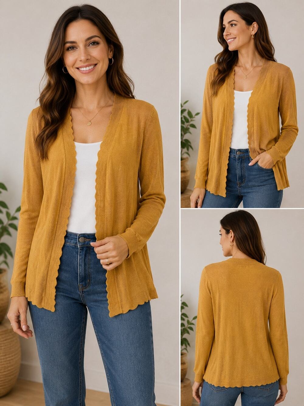evolution Mustard Golden Bronze Open Sweater Cardigan Scalloped Trim MP NWT
